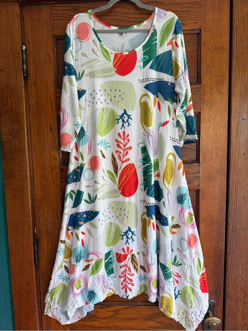 SHANA APPAREL Artsy Lagenlook Flowy Midi Dress Cactus Leaf Pattern 3/4 Sleeves - Picture 2 of 9